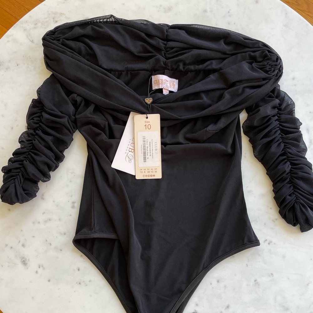 Club L London - Ruched Bardot Black Bodysuit - New With Tags - US Size 6